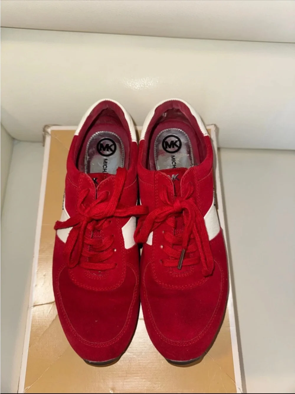 MICHAEL KORS RED & WHITE SUEDE LACE-UP SNEAKER